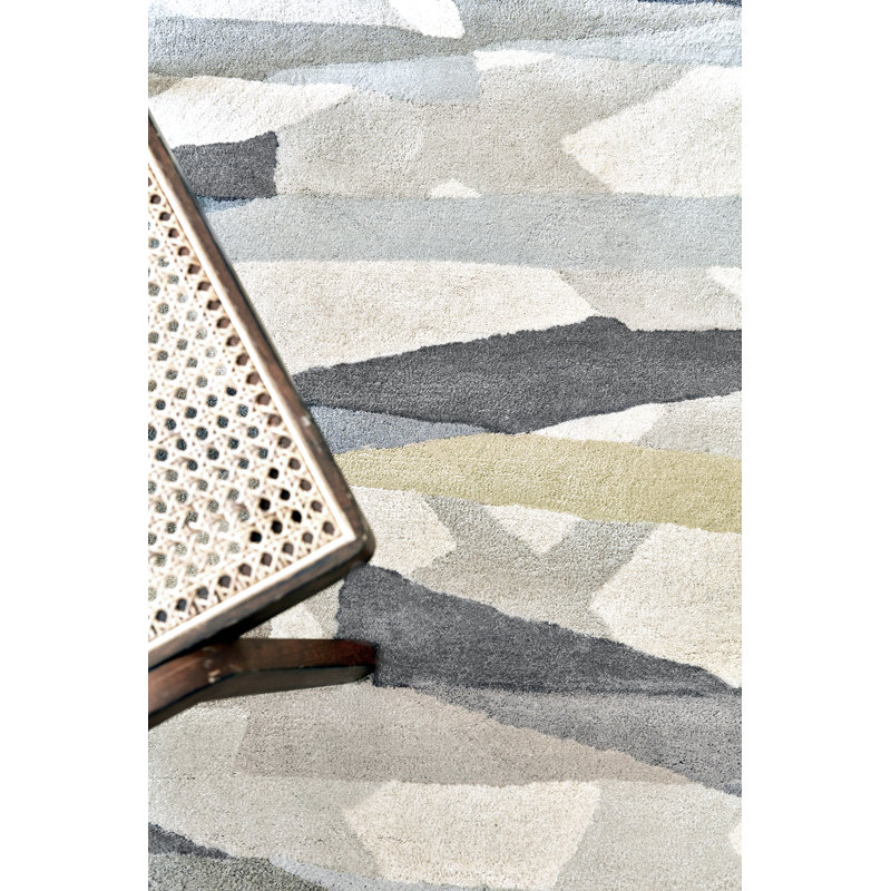 Diffinity Wool Abstract Area Rug in Light Gray/Dark Blue/Light Yellow, Rectangle 6'7" x 9'2"