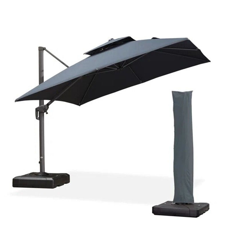 10' Square Cantilever Advanced Fabric Umbrella With Base And Umbrella Cover With Zipper,Graphite Grey, Dark Gray