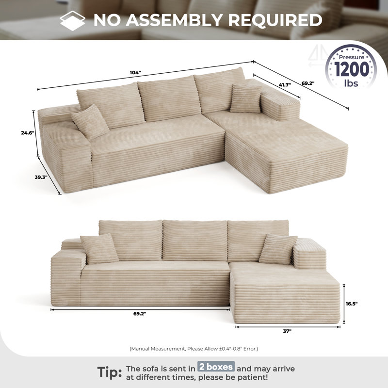 Canapé modulaire Boneless 104 po Cloud, Orienté à droite, Polyester crème / fausse fourrure / velours côte