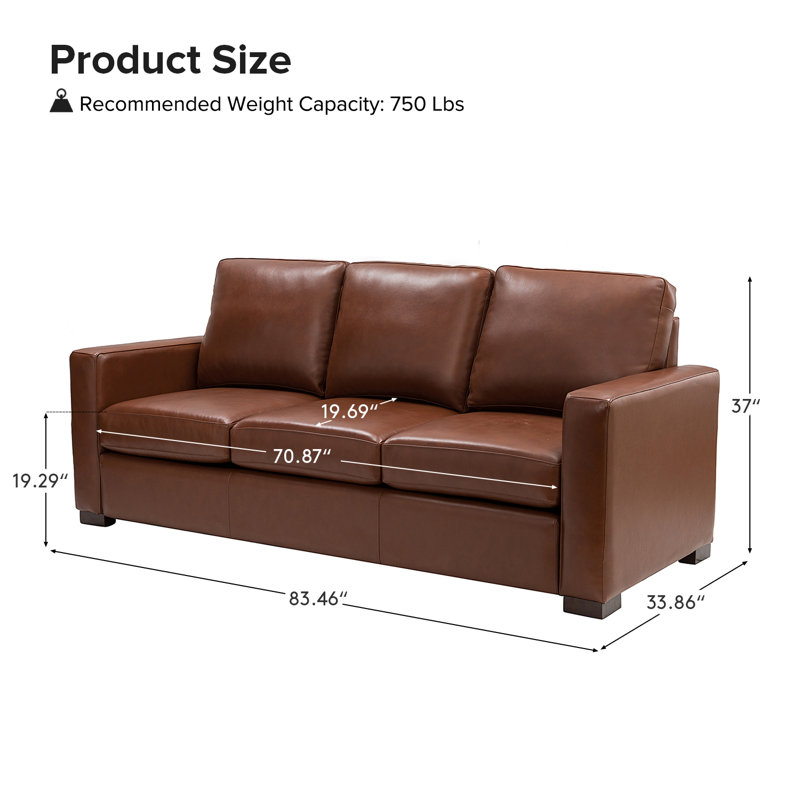 Fournier 83.46'' Genuine Leather Square Arm Sofa with Pillows, Brown Genuine Leather