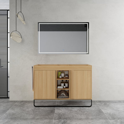 Meuble-lavabo autoportant de 48 po, 2 portes à fermeture douce pour un fonctionnement sans effort, 3 espaces de rangement ouverts, 4 unités, quincaillerie pratique en aluminium, conception en chêne moderne de style facile
