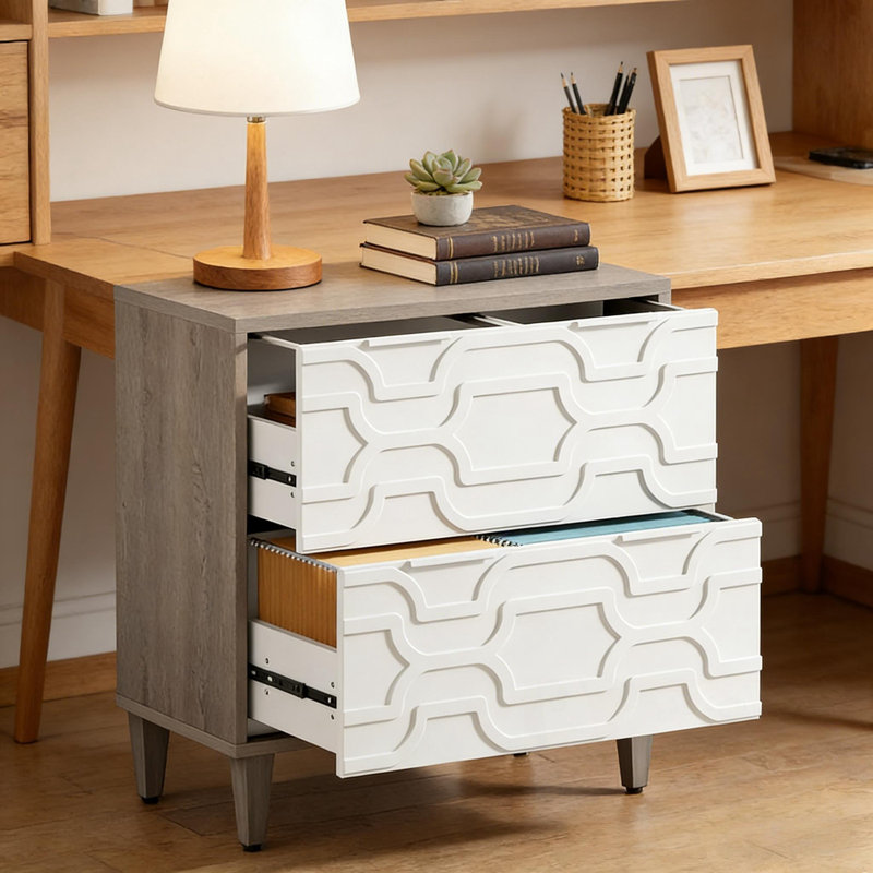Classeur avec 2 tiroirs et pieds robustes, Gris+blanc