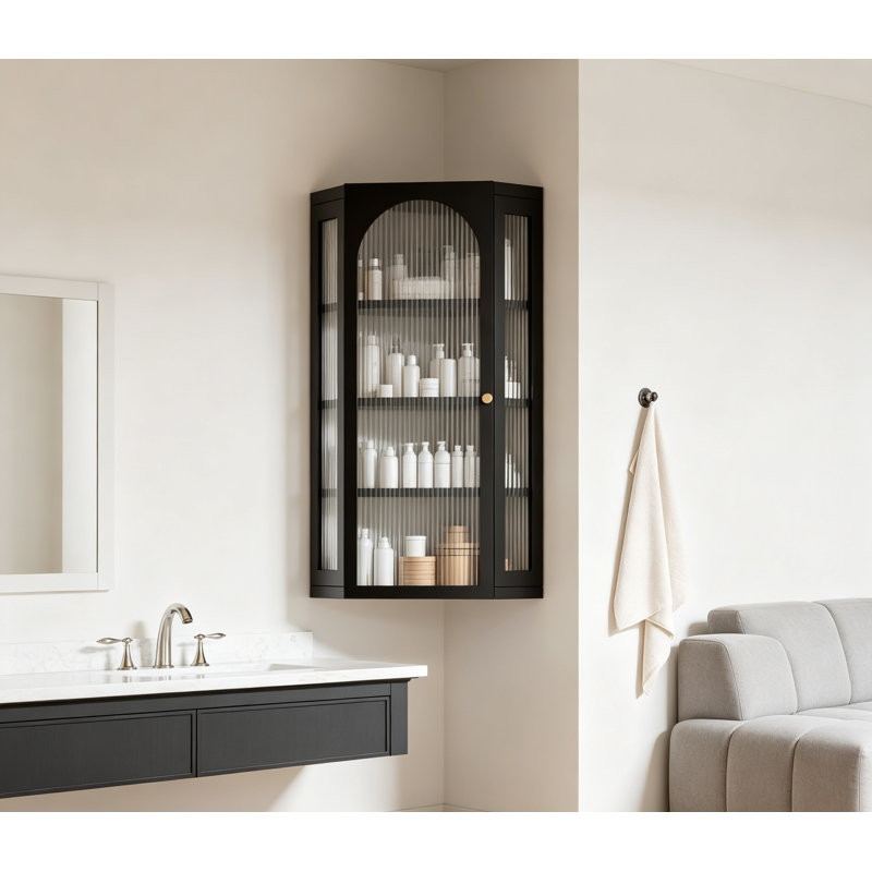 Bathroom Corner Wall Cabinet Metal Glass Doors Shelves Black