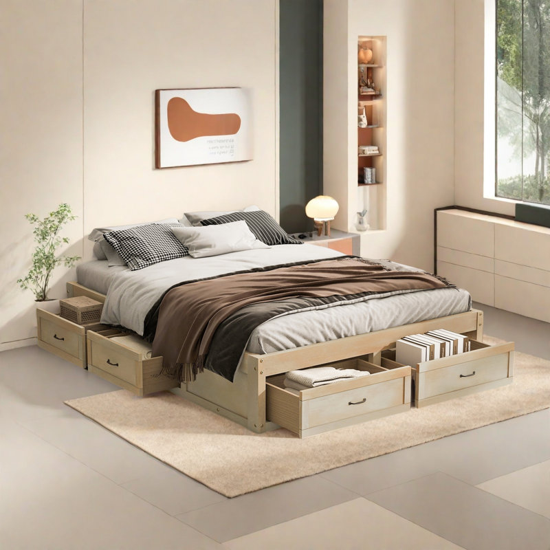 Lit plateforme 6 tiroirs avec rangement, Naturel antique, Lit double
