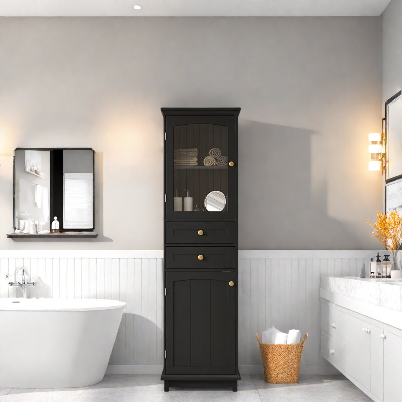Armoire de rangement pour salle de bain avec portes en verre, 2 tiroirs et tablettes réglables, Noir