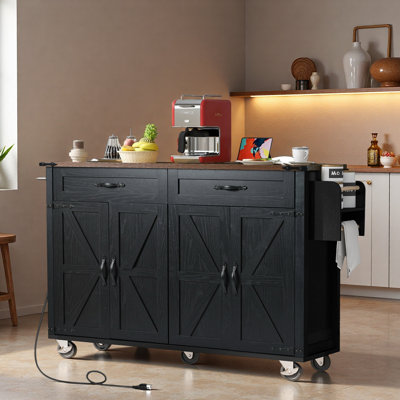 Farmhouse Kitchen Island With Power Outlet, Drop Leaf, Spice Rack, Drawers, And Wheels