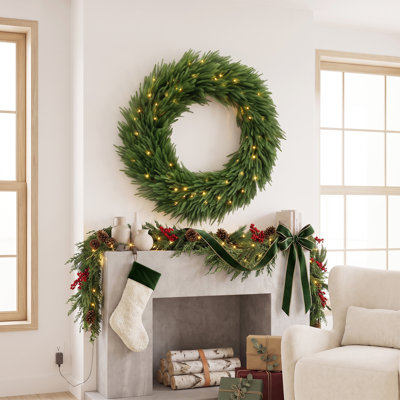 Couronne de Noël artificielle en pin 36/48 po pré-éclairée, décoration de Noël avec lumières DEL 100/150, pointes de branches 560/770, feuilles en PE pour porte, intérieur extérieur couvert, vert