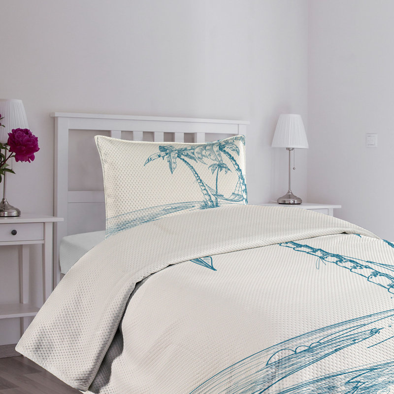 King White Microfiber Quilted Bedspread Set with Palm Tree Design