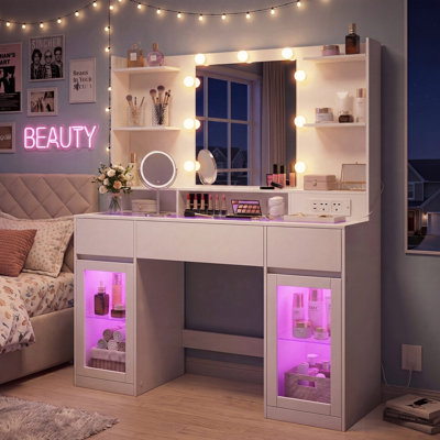 Vanity Dressing Table with LED Lights Power Outlets 3 Drawers 2 Cabinets Transparent Top 8 Storage shelve