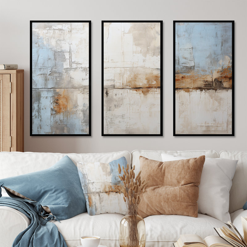 Tachisme gris et bleu - art mural tachisme, H 28 po x l 36 po x P 1 po, Cadre flottant noir