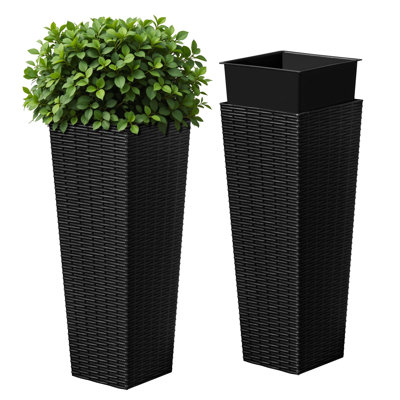 Grandes jardinières pour plantes d'extérieur, ensemble de 2 grands pots de fleurs effilés avec trous de drainage et pots intérieurs amovibles pour porche, patio et jardin, noir, 24 po