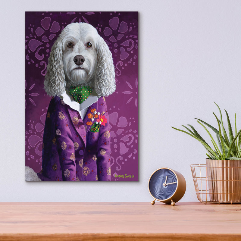  «Dapper Dog On Mauve» par Heather Gauthier, art mural en verre acrylique, 12 po x 16 po