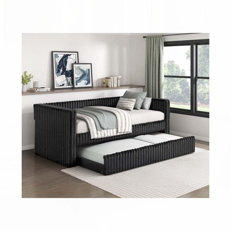 Corduroy Fabric Upholstery Daybed with Trundle, Black