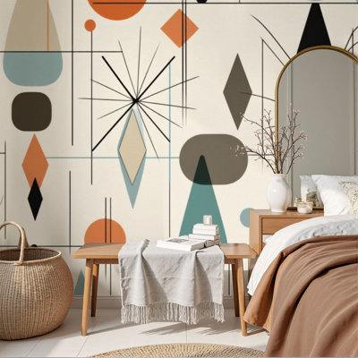 Peel and Stick Wallpaper Abstract Mid Century Modern Geometric Shapes Teal Orange Beige Wall Murals 69"H x 96"W Removable PVC Wall Paper Self-Adhesive Wall Decor for Bedroom Living Room Home Office