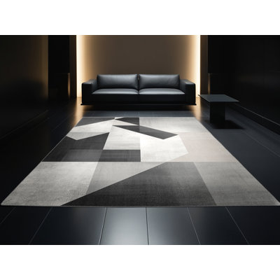Tapis à motif géométrique doux et moelleux de style moderne et contemporain en gris - reliure grise