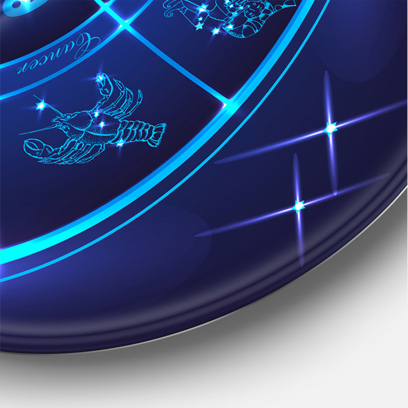 Horoscope néon bleu profond, cercle avec signes du zodiaque - art mural moderne en métal, H 29 po x l 29 po x P 1 po