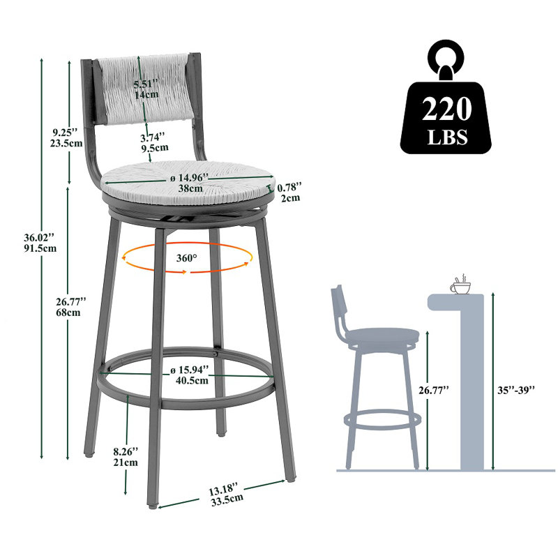 Ensemble de 2 tabourets de bar rustiques, siège et dossier en corde de papier tissé à la main avec structure en métal, Beige