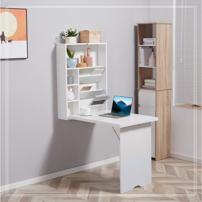 Wall Mounted Fold Out Convertible Desk, Multi-Function Floating Desk with Storage Shelf