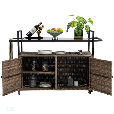 Outdoor Wicker Bar Cart, Patio Wine Serving Cart W/Wheels , Rolling Rattan Beverage Bar Counter Table W/Glass Top