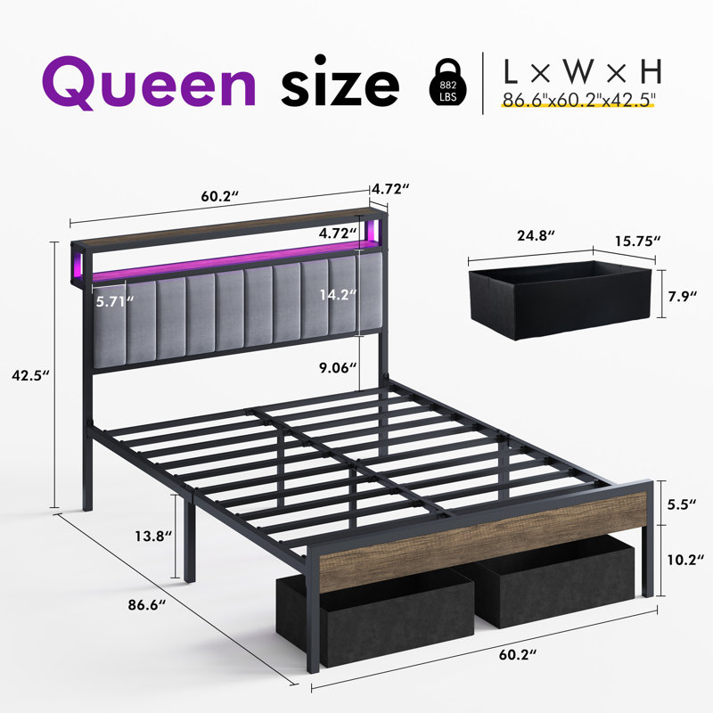 Tryston Queen Bed Frame With Led Lights & 2 Storage Drawers, Gray, Queen, Gray