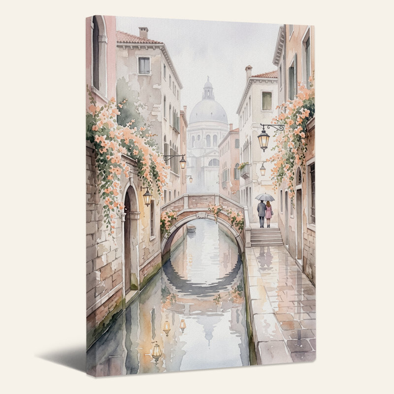 Aquarelle d'un canal italien avec des fleurs de pêcher - Tableau sur toile, H 48 po x l 36 po