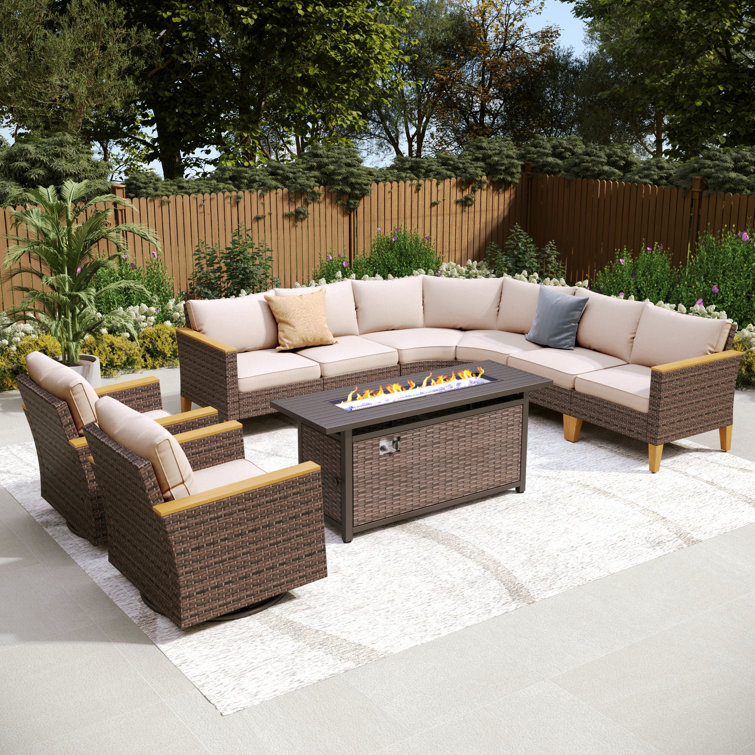 Outdoor Wicker Patio Conversation Furniture Set With Swivel Chairs And Firepit Table