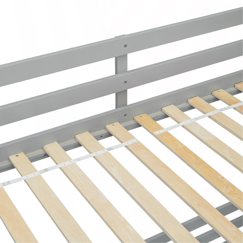 Lit simple superposé au dessus d'un lit double avec glissade, escalier de rangement, lit superposé en bois de pin massif avec garde-corps de sécurité, gris