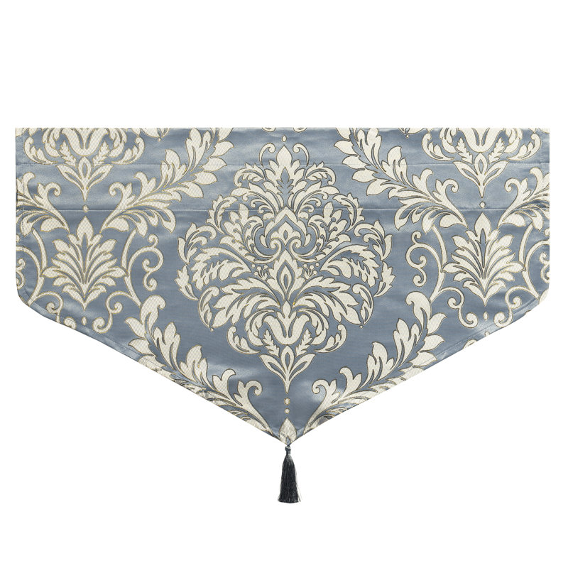 Elegant Blue and Cream Damask Window Scarf with Tassel Trim