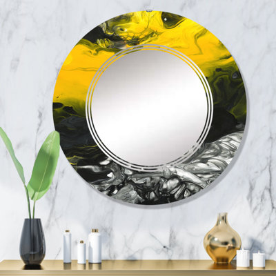 Jaune liquide noir et blanc liquide Art VIII - Miroir mural rond moderne