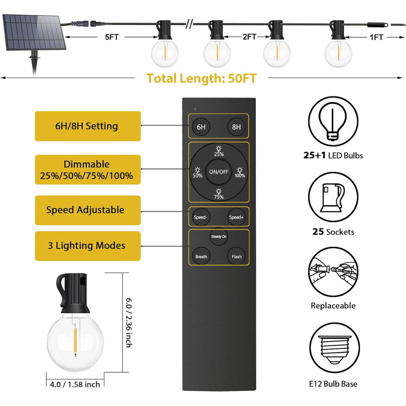 Guirlande solaire imperméable pour l'extérieur, guirlande solaire de 50 pieds pour l'extérieur avec télécommande, guirlande solaire à DEL