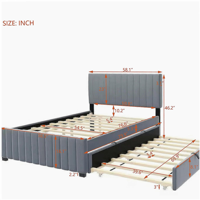 Lit plateforme double en velours avec plateau de rangement simple, Gris