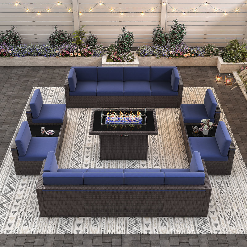  Ensemble de mobilier de patio 15 pièces avec table de foyer, ensemble de conversation extérieur, canapé modulaire en rotin d'osier avec table basse