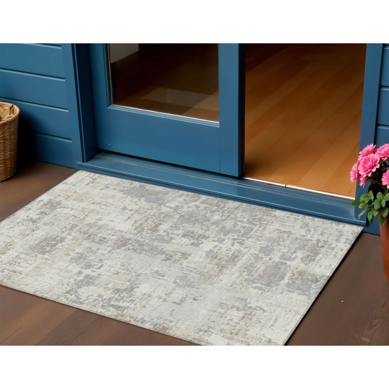 3' X 5' Ivory And Gray Abstract Washable Indoor Outdoor Area Rug