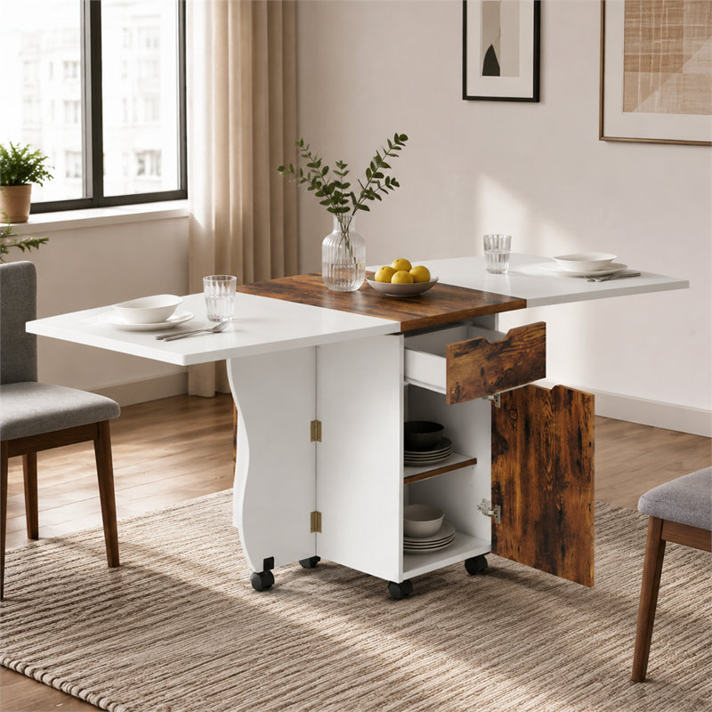 Folding Drop Leaf Dining Table with Storage and Lockable Wheels, White