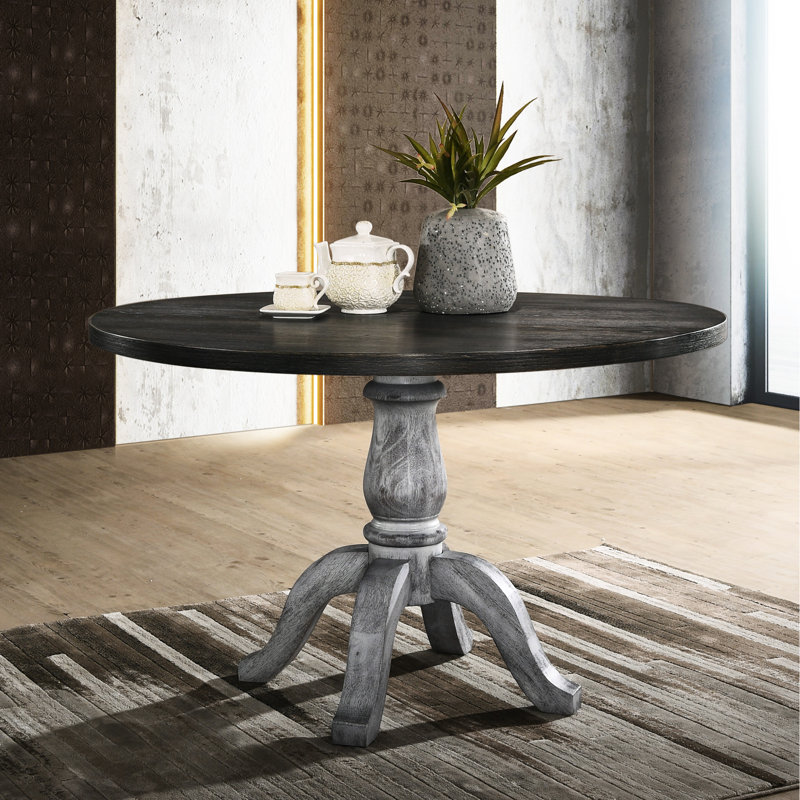 Ensemble de salle à manger 5 pièces, table ronde et 4 chaises, teinte blanc gris vieilli, gris, pied central avec chaises