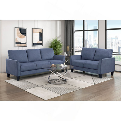 Modern Contemporary Sofa Set 2Pc Blue Upholstered Sofa Loveseat Plush Seat Comfort Durable Living Room Furniture