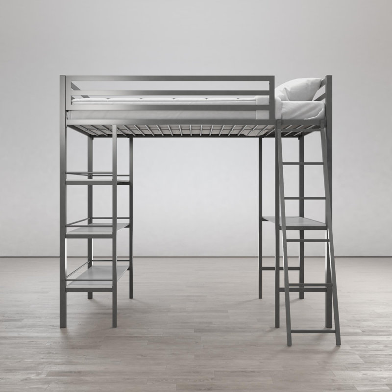 Gray Twin Metal Loft Bed with Desk and Shelves