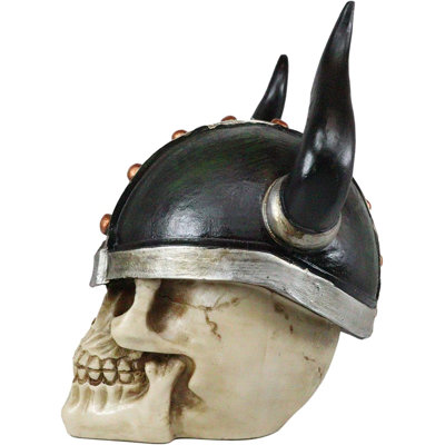 The Holiday Aisle® Viking Chieftain Warlord Odin Skull With Bull Horned Helmet Figurine Day Of The Dead Skeleton Figurine Norse Mythology Gothic Death