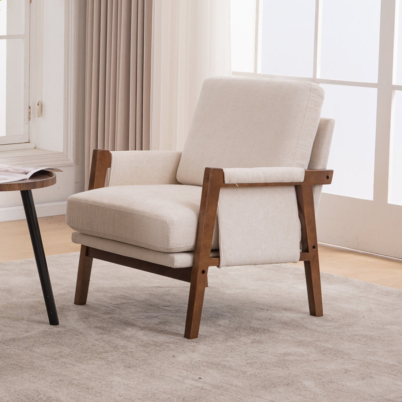 Quinze Mid Century Modern Upholstered Chenille Solid Wood Accent Armchair, Beige