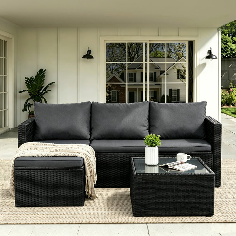 Harbaugh Wicker 3 - Person Patio Conversation Set with Cushions, Gray/Black