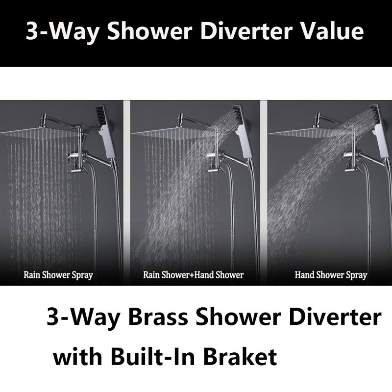 10" Rainfall Shower Head With Handheld Combo,3 Setting Diverter, Adjustable Extension Arm, Extra Long Hose,, Chrome