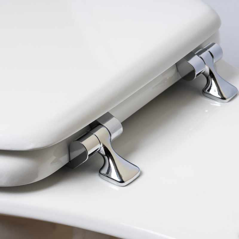 Edgewater Wood Toilet Seat with Hinges, Never Comes Loose, ELONGATED, White, Chrome