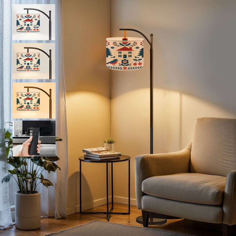  Arc Floor Lamp Finnish inspired folk art Scandinavian Nordic style Tall Modern Standing Lamp LED Adjustable Linen Lampshade 3 Color Temperatures