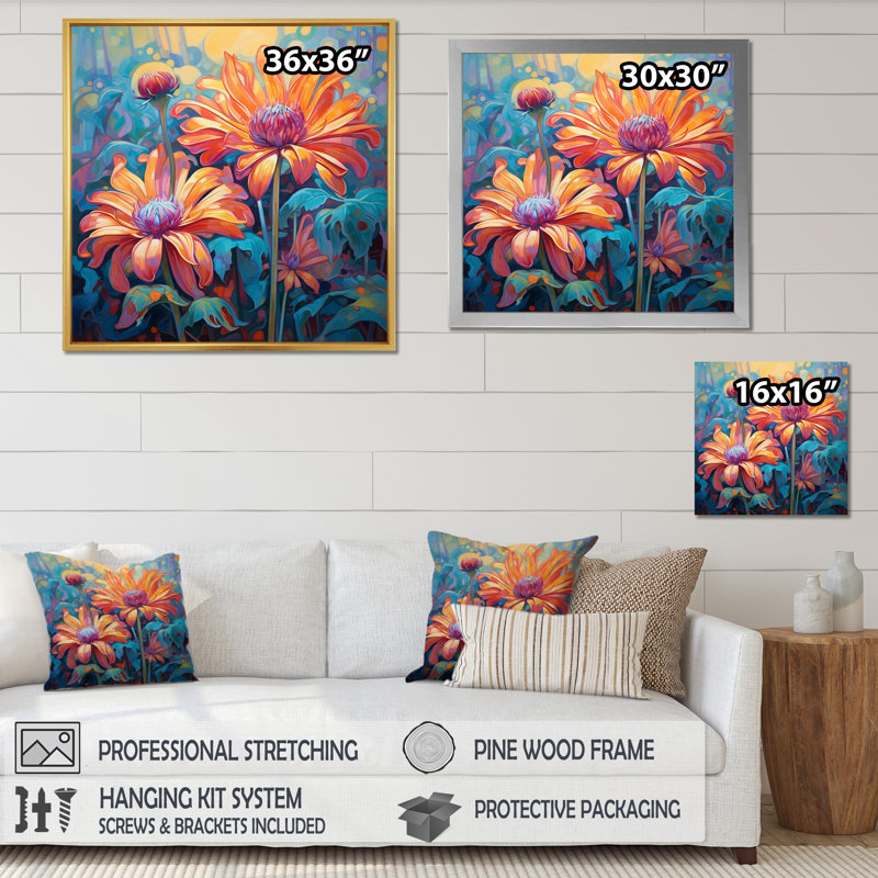 " Blossoming Orange Chrysanthemums Retro ", 36" H x 36" W x 1.5" D, White Floater Framed