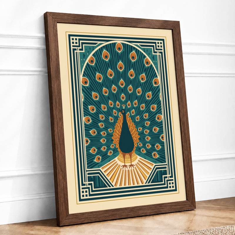 Peacock Art Deco - Framed Print, A2 - 59.4 x 42.0 cm, Walnut