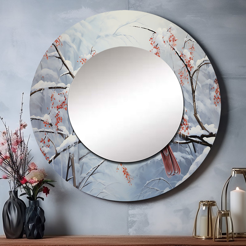 Canada, cardinal rouge, Winter Wonderland IV - Canada miroir, miroir mural rond rouge, impression sur métal, 36 po x 36 po