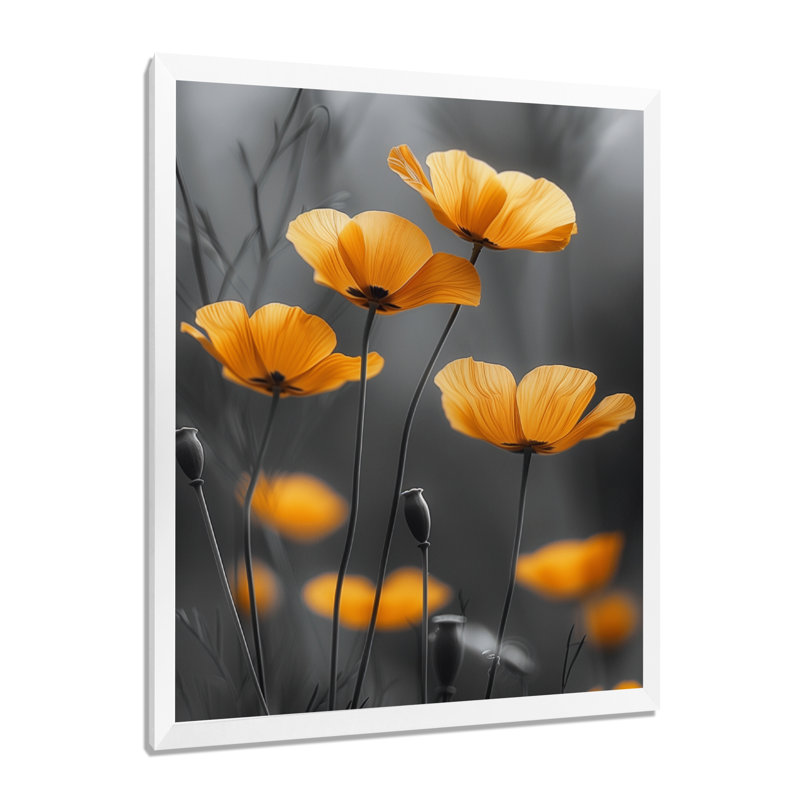 «Yellow Poppies», reproduction d'art murale jaune et gris, Toile encadrée blanche avec une seule photo