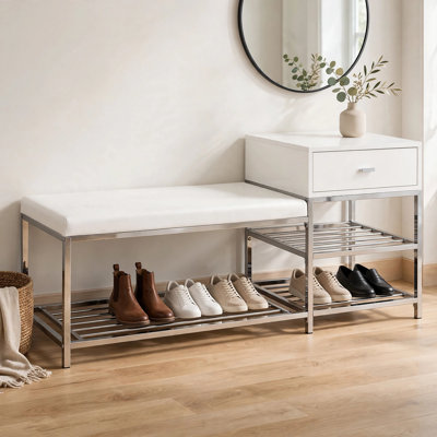 Simba 49 Inch Entryway Bench with Shoe Shelf, Drawer in White, Chrome