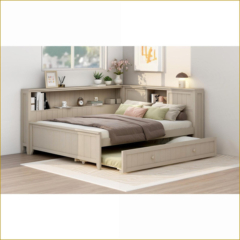 Full Size Solid Pine Wood Daybed with Trundle &amp; Storage Shelves, No Box Spring Needed, Antique White Milk
