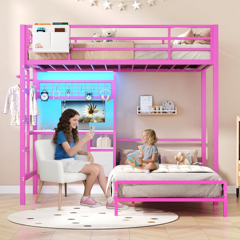 Twin Over Twin Bunk Bed With Desk And Charging Station, Metal Loft Bed, Twin Bed With Led Lights And Storage Shelves And Drawers, L-shaped Bunk Bed